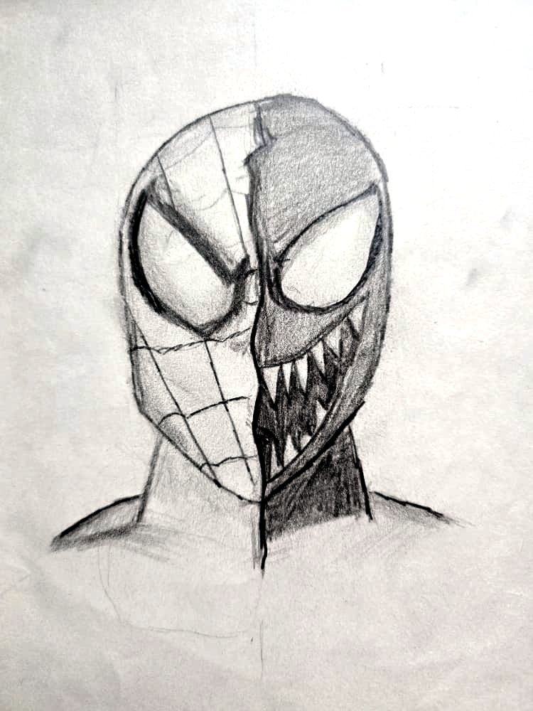 Pencil sketch of a half Spider-Man, half Venom face