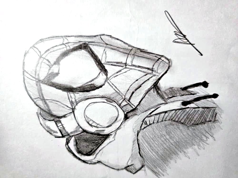 Pencil sketch of an armoured hero helmet