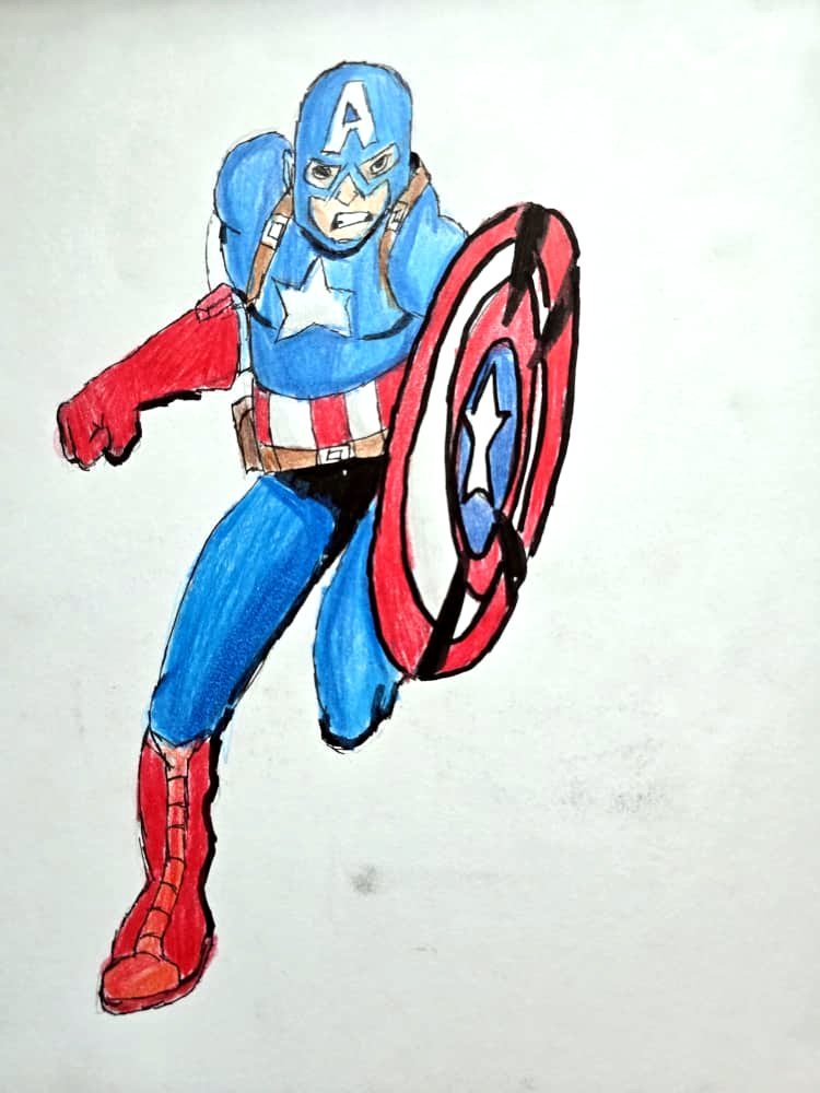 Coloured pencil drawing of Captain America with his shield