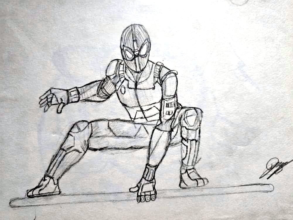 Pencil sketch of Spider-Man crouching on a bar